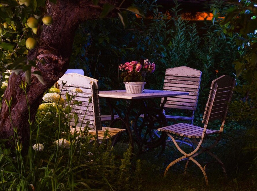garden, romance, evening atmosphere, bunch of flowers, romantic, summer, hydrangea, apple tree, garden furniture, plant, garden bench, garden table, chairs, quitting time, garden pond, relax, favorite place, relaxation