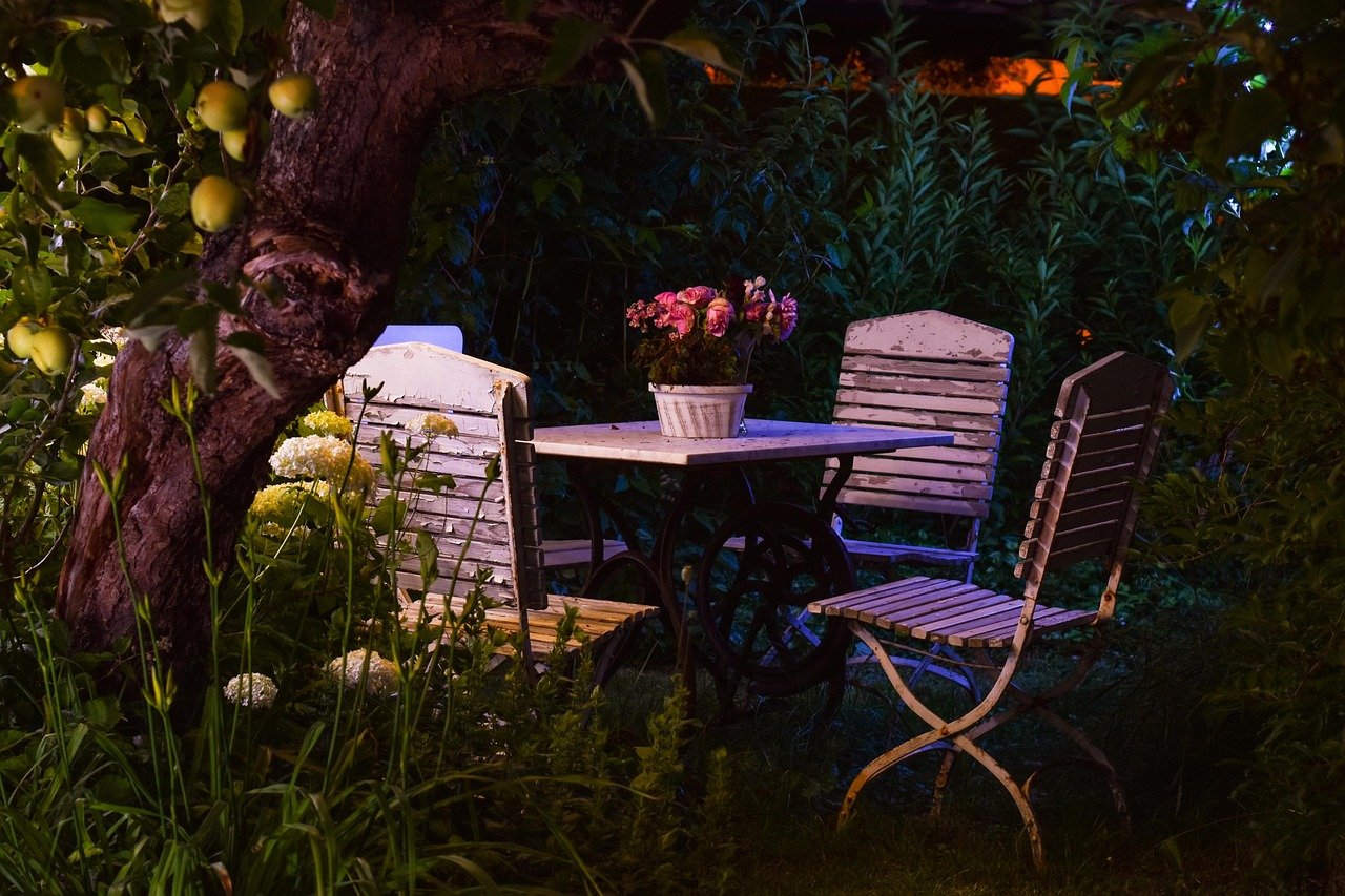 garden, romance, evening atmosphere, bunch of flowers, romantic, summer, hydrangea, apple tree, garden furniture, plant, garden bench, garden table, chairs, quitting time, garden pond, relax, favorite place, relaxation